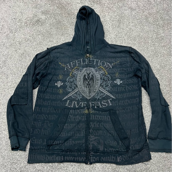 Affliction Other - Affliction Hoodie XL Live Fast Full Zip Graphic Skull Sword Shield Stud Jacket
